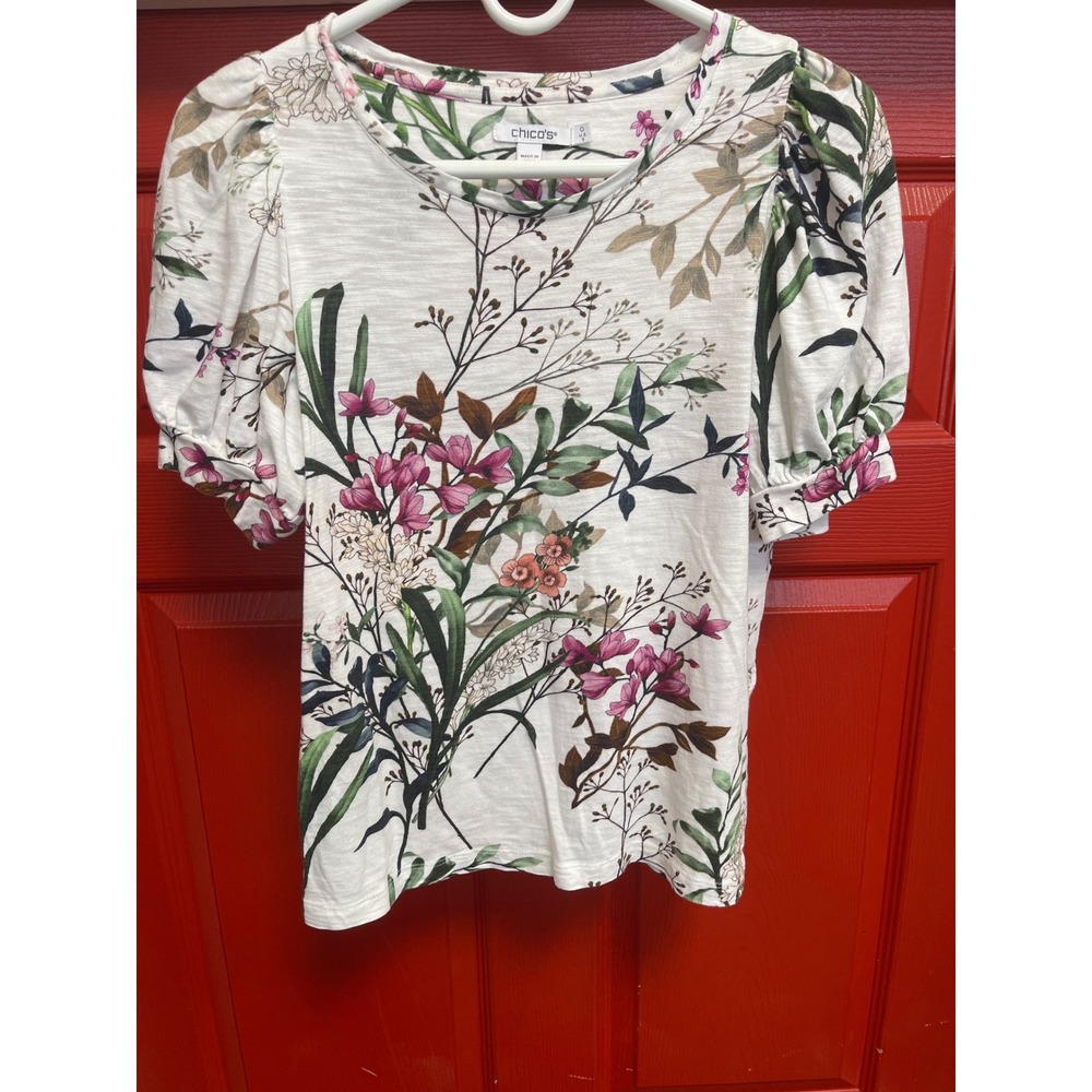 Chicos Floral Puff Sleeve Slub Knit Top White Pink Green Size 0 S
